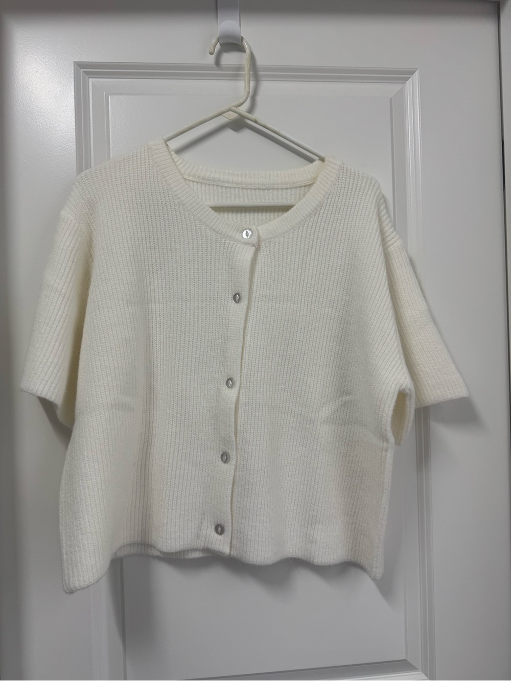 Women’s Cream Short-Sleeve Button Cardigan Sweater - Size Large